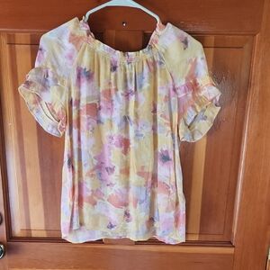 Zac & Rachel Flutter Sleeve Blouse in Pink and Yellow